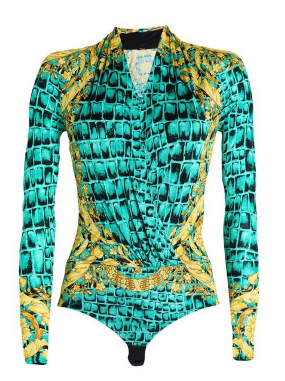 Versace Teal & Gold Draped Long-Sleeve Bodysuit IT size 36